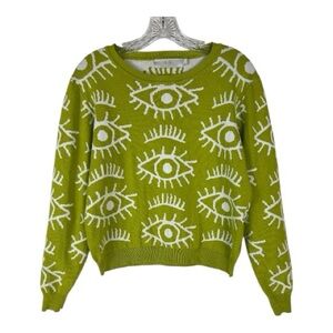 Lizette Collection Sz Large Watchful Eye Pattern Sweater Crew Neck Chartreuse
